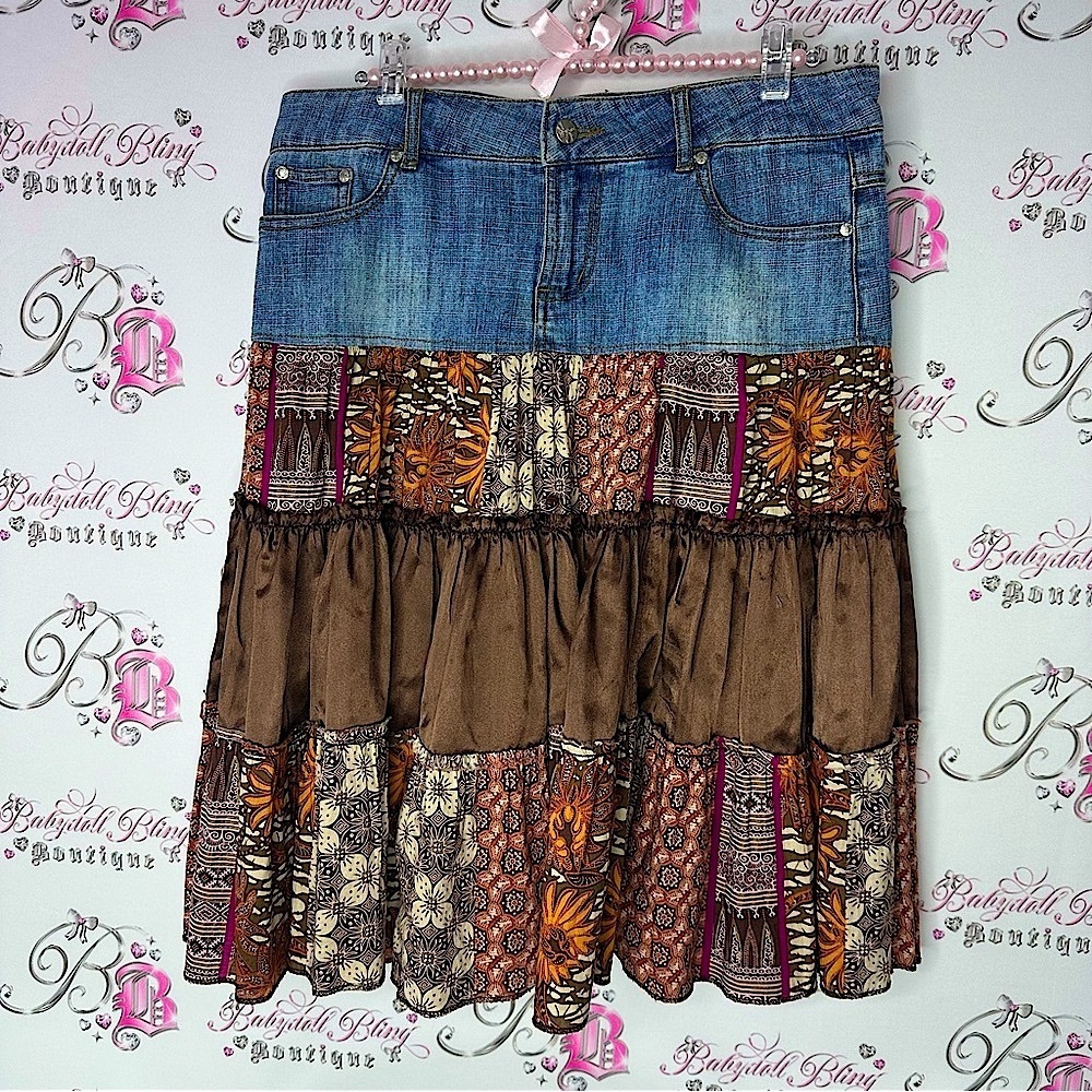 Younique skirt ruffle tiered patchwork multi fabric tiered frilly western y2k